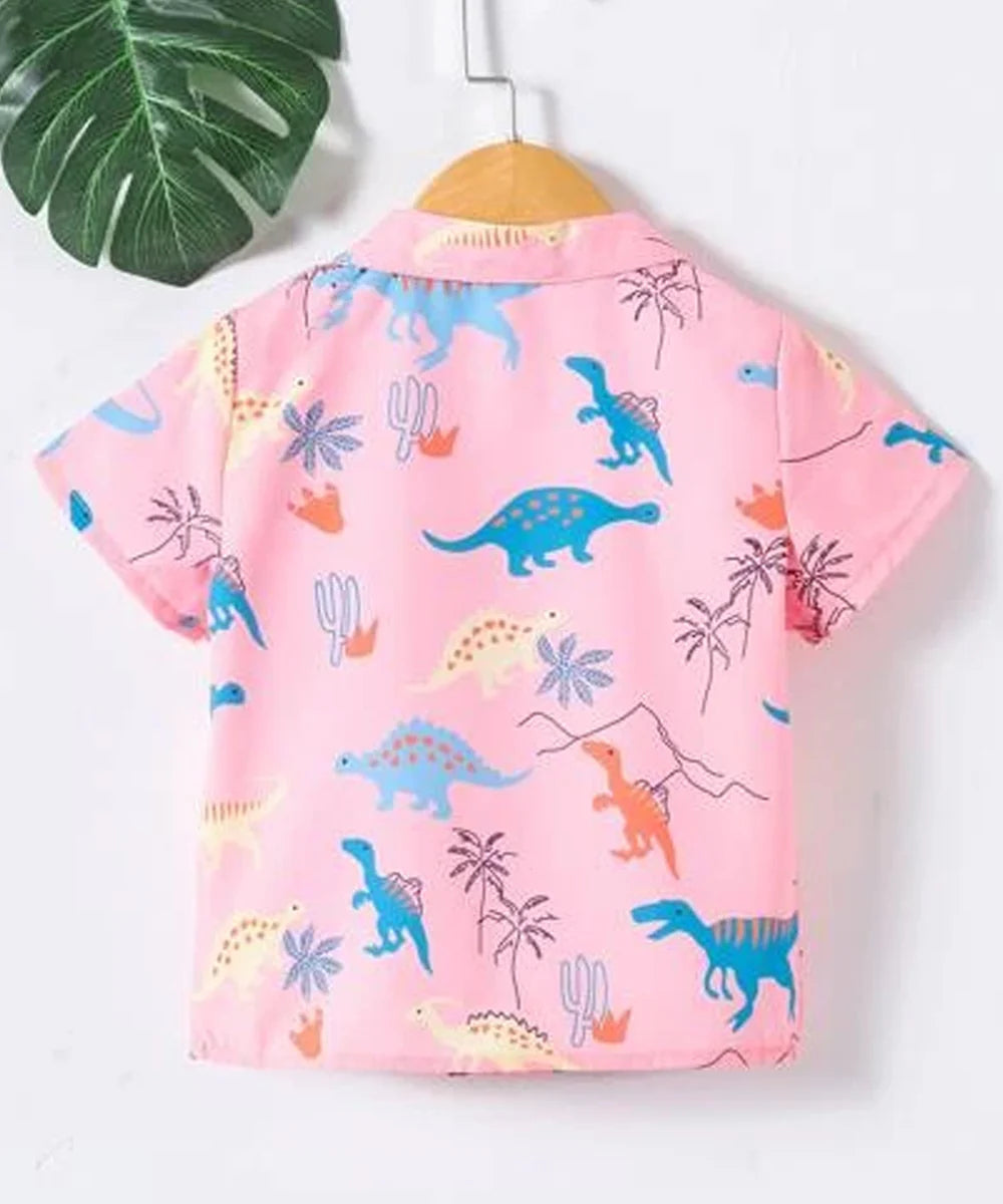Bwools Pink Dinosaur Animal Designer Button Front Shirt For Boy.